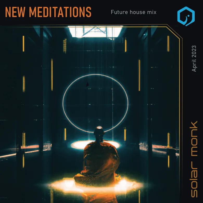 mix cover monk meditating in future architecture